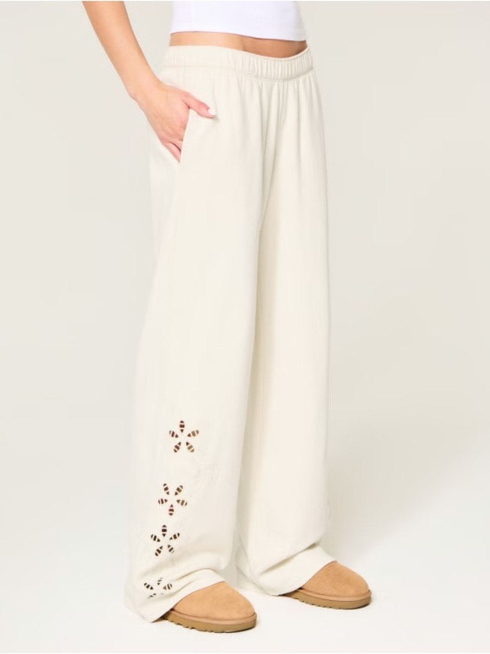 Hollister Cream Wide-Leg Laser-Cut Lounge Pants